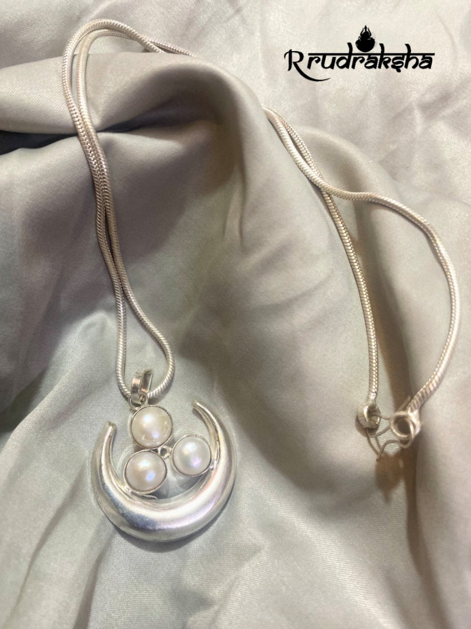 Pure Locket Chain HalfMoonShape Pure Silver Locket With Natural 3 in 1 Pearl With Chain