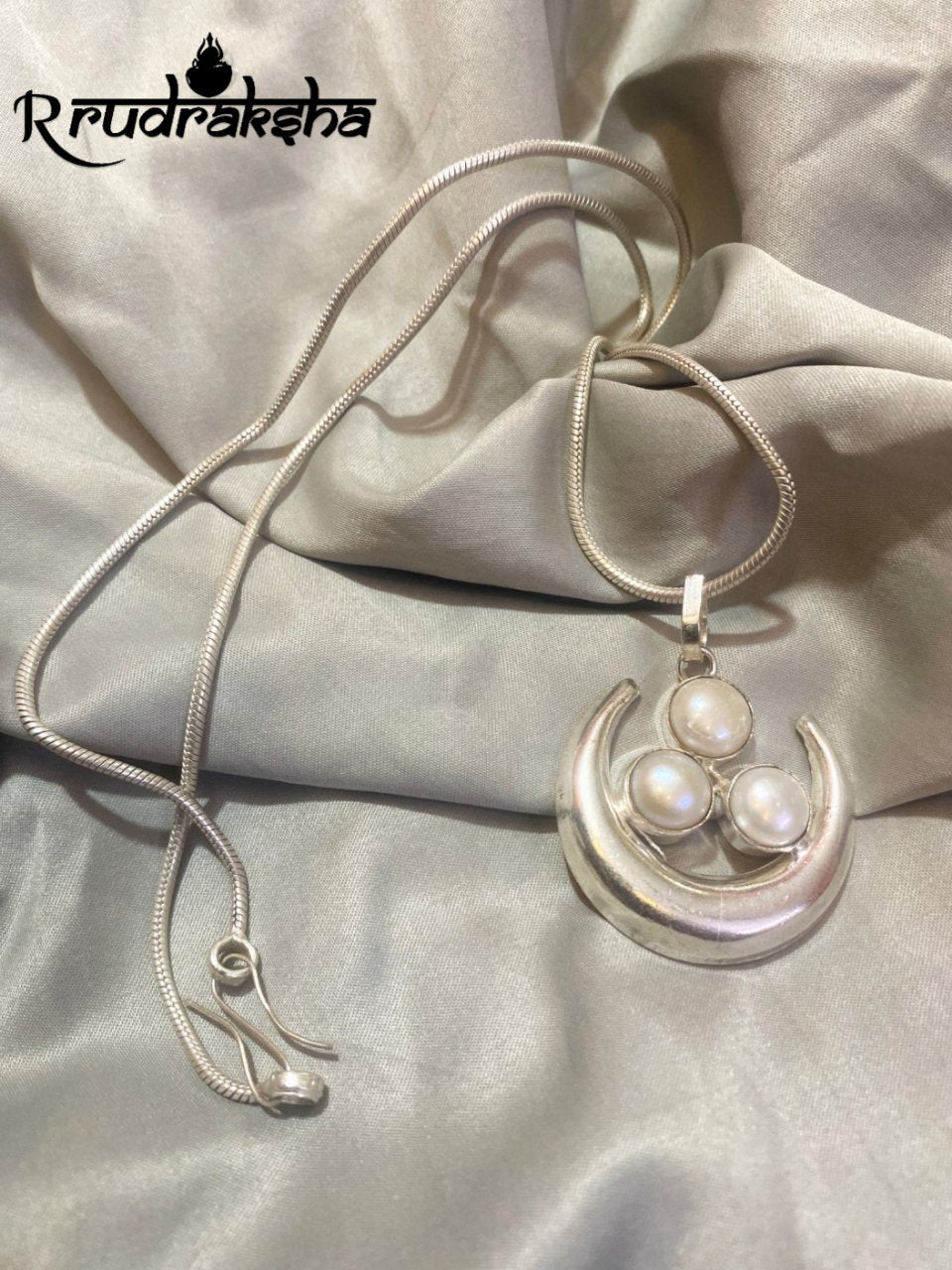 Pure Locket Chain HalfMoonShape Pure Silver Locket With Natural 3 in 1 Pearl With Chain