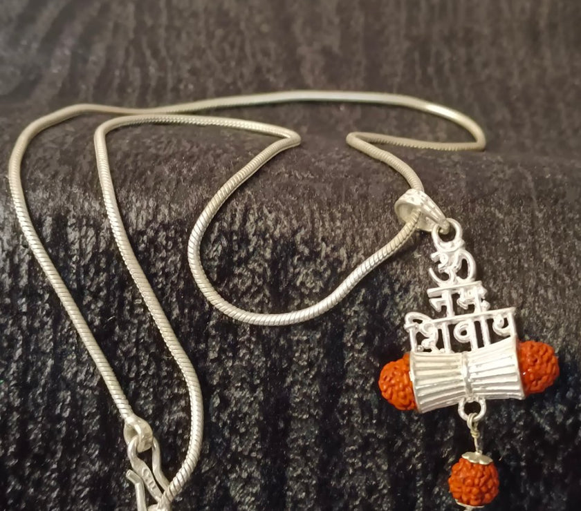 Pure Silver Om Namah Shivay Rudraksha Damru With Chain