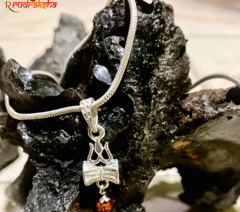 Pure Silver Trishul Damru Pendent With Chain