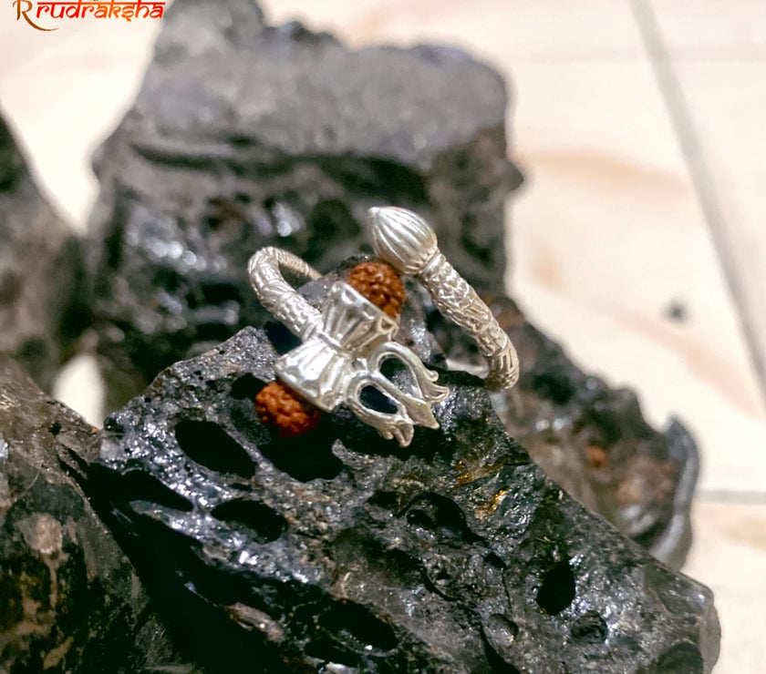 Pure Silver Trishul Damru Rudraksha Ring In Free Size