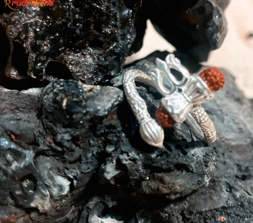 Pure Silver Trishul Damru Rudraksha Ring In Free Size
