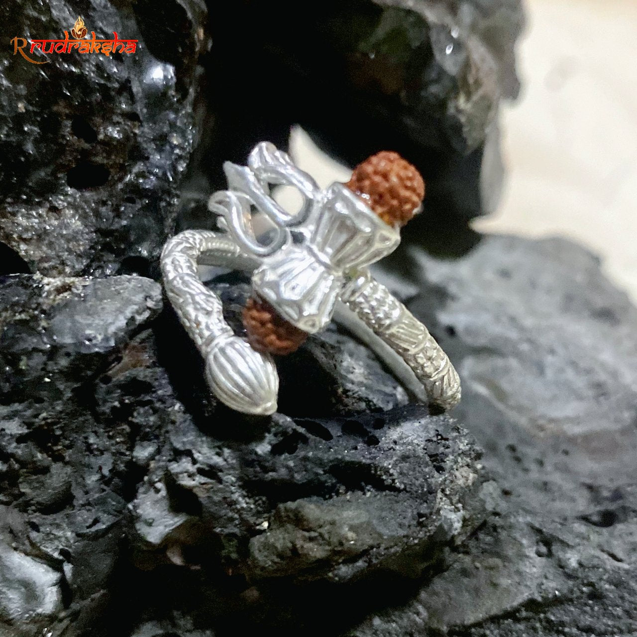 Pure Silver Trishul Damru Rudraksha Ring In Free Size