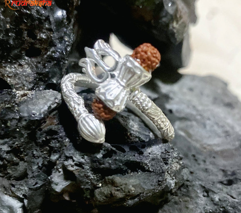 Pure Silver Trishul Damru Rudraksha Ring In Free Size