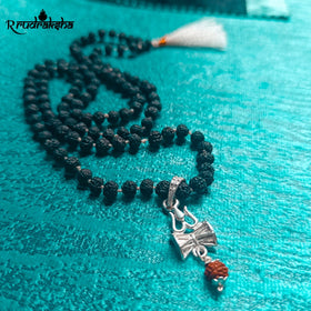 Pure Silver Trishul Damru Locket String With Black Rudraksha Mala White Threads