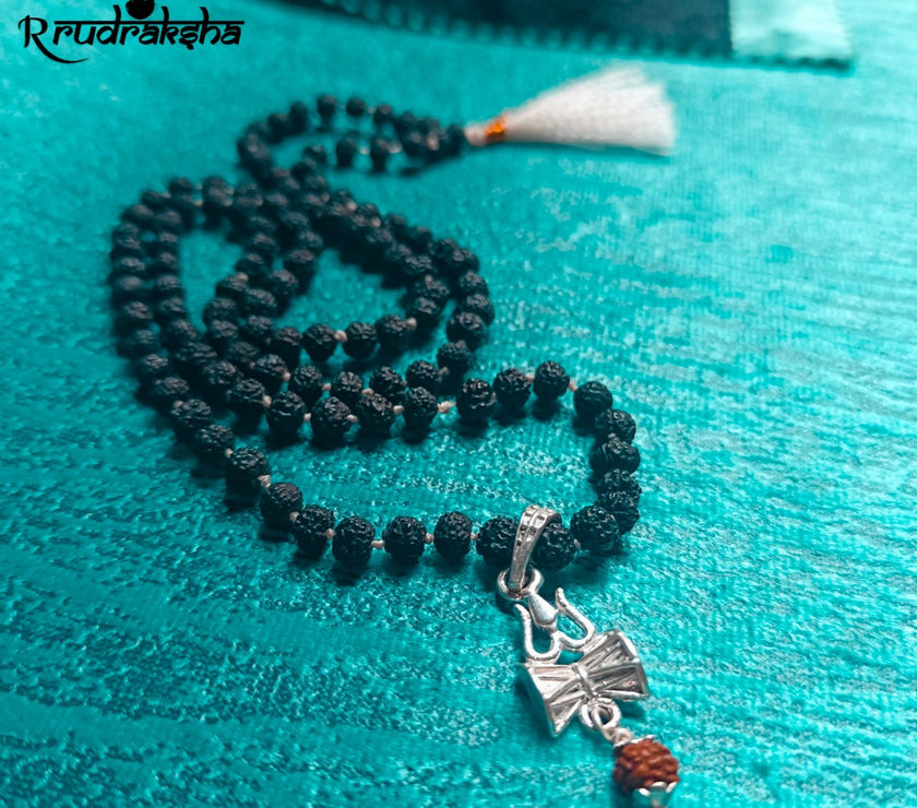 Pure Silver Trishul Damru Locket String With Black Rudraksha Mala White Threads