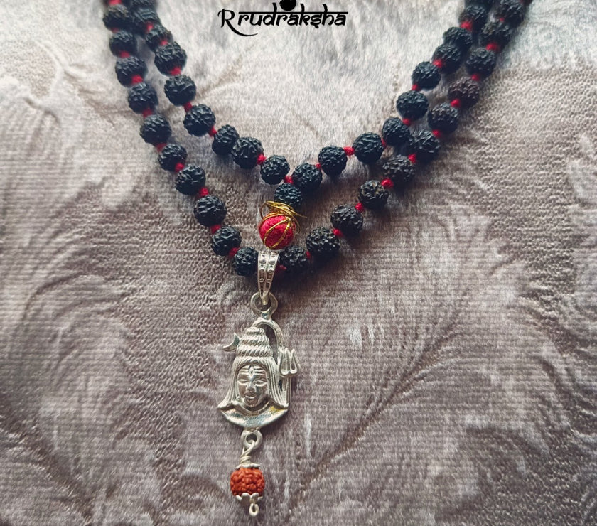 Pure Silver Lord Shiva Locket String With Black Rudraksha Mala