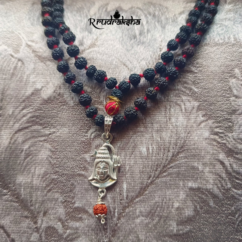 Pure Silver Lord Shiva Locket String With Black Rudraksha Mala