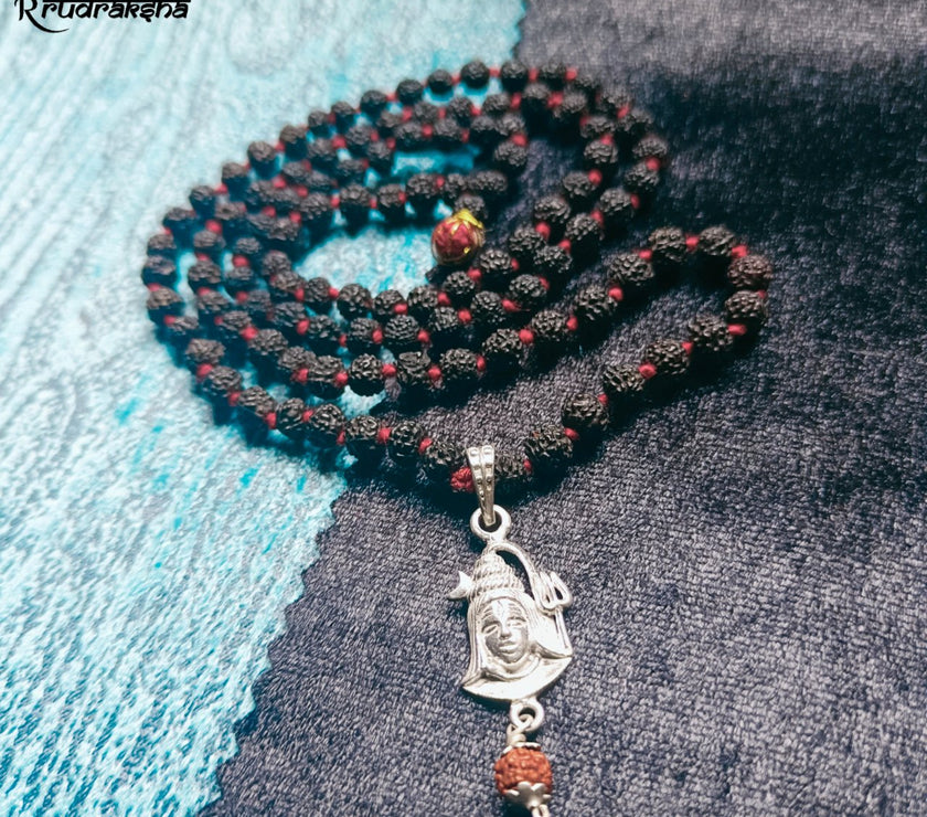 Pure Silver Lord Shiva Locket String With Black Rudraksha Mala