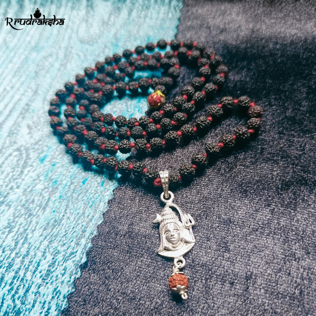 Pure Silver Lord Shiva Locket String With Black Rudraksha Mala