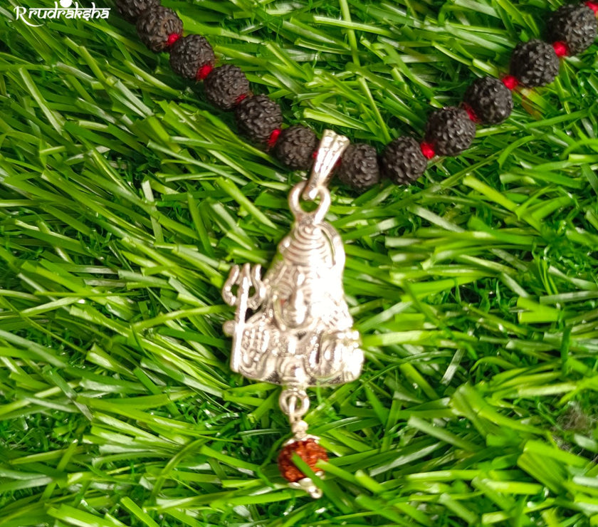 Pure Silver Lord Mahadev Locket String With Black Rudraksha Mala