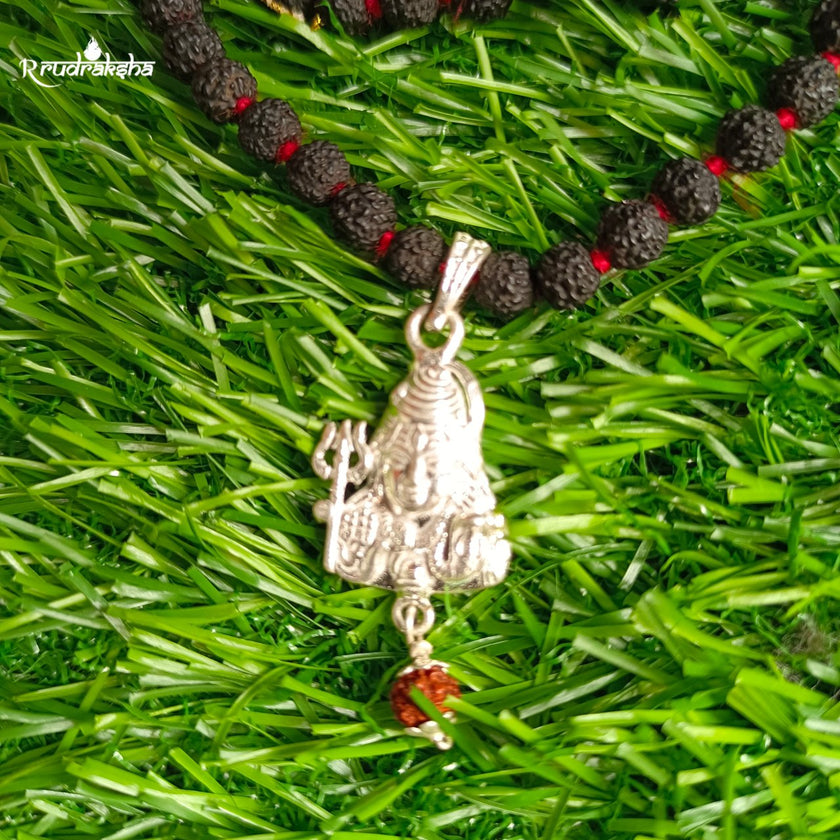 Pure Silver Lord Mahadev Locket String With Black Rudraksha Mala