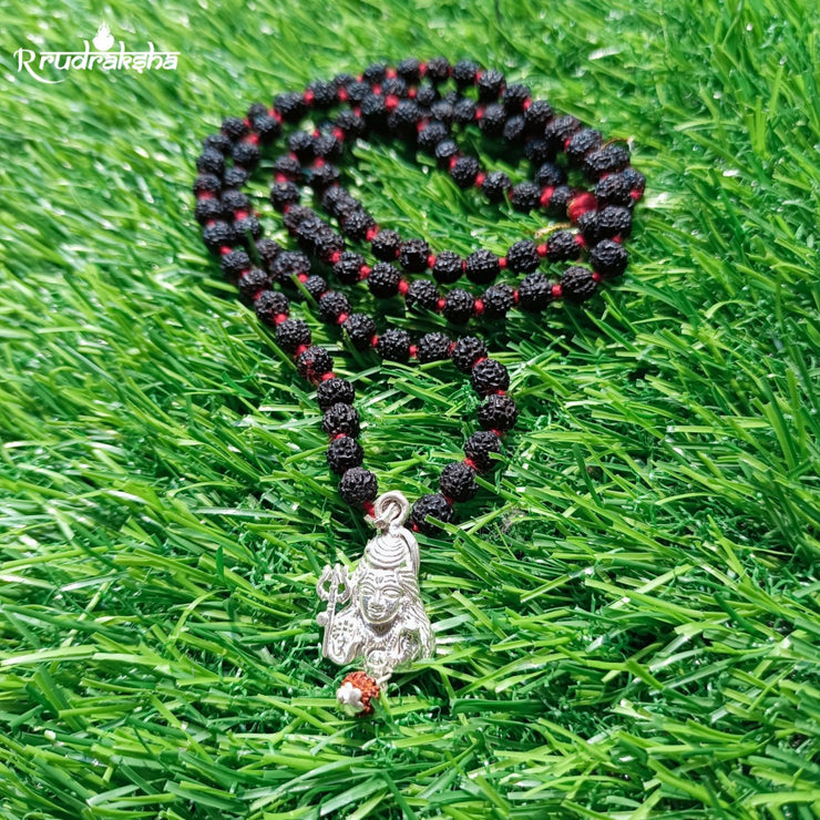 Pure Silver Lord Mahadev Locket String With Black Rudraksha Mala