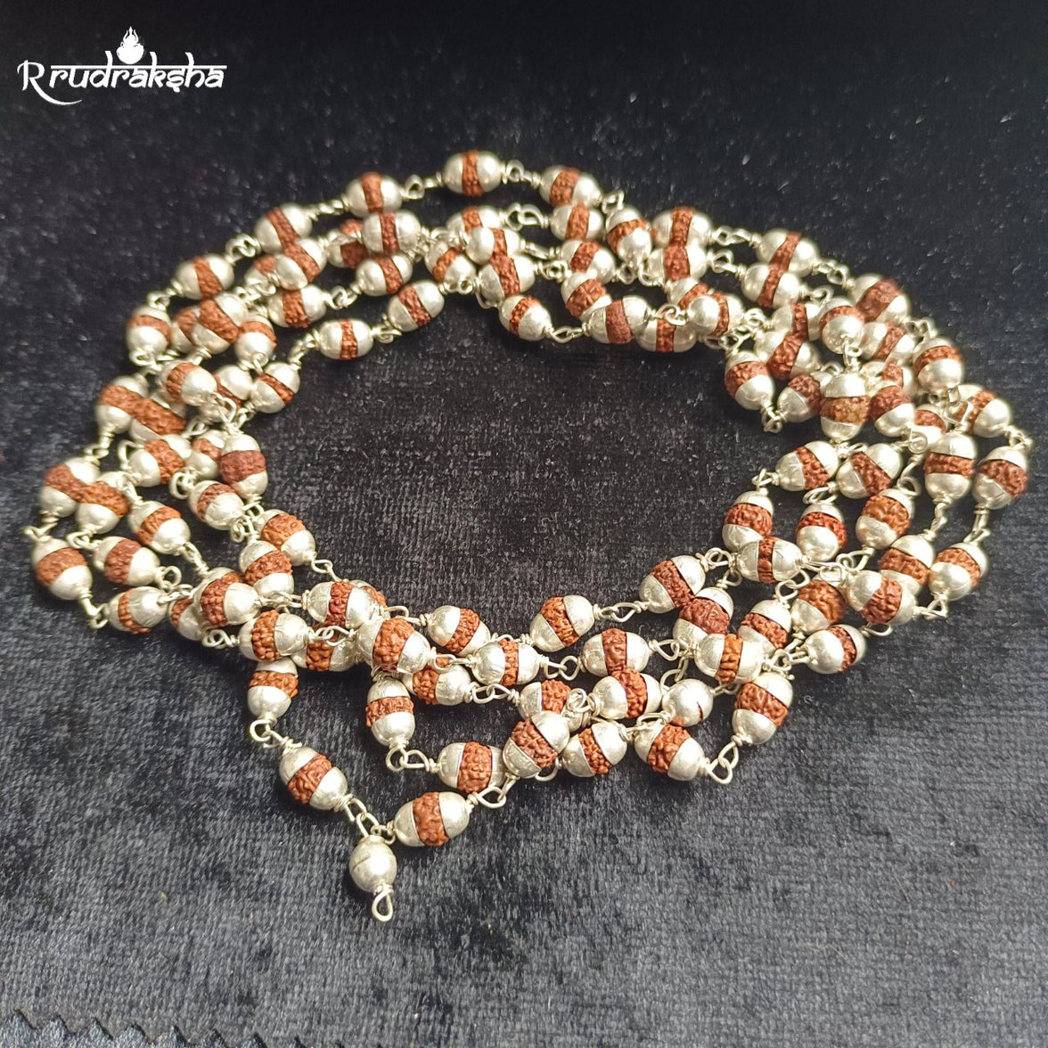 Pure Silver Punchmukhi Rudraksha Mala 108+1 Beads