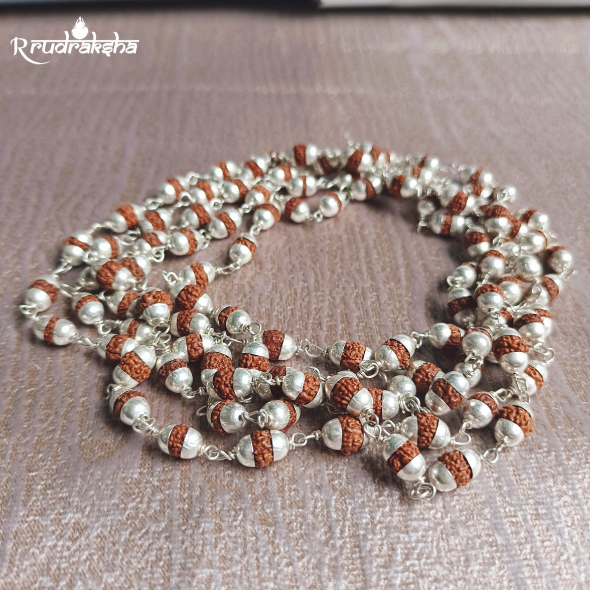 Pure Silver Punchmukhi Rudraksha Mala 108+1 Beads