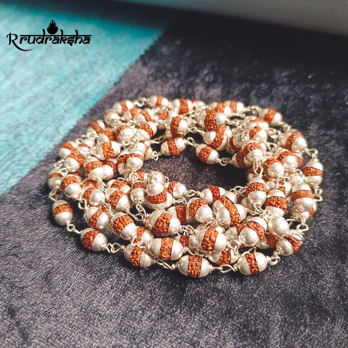 Pure Silver Punchmukhi Rudraksha Mala 108+1 Beads