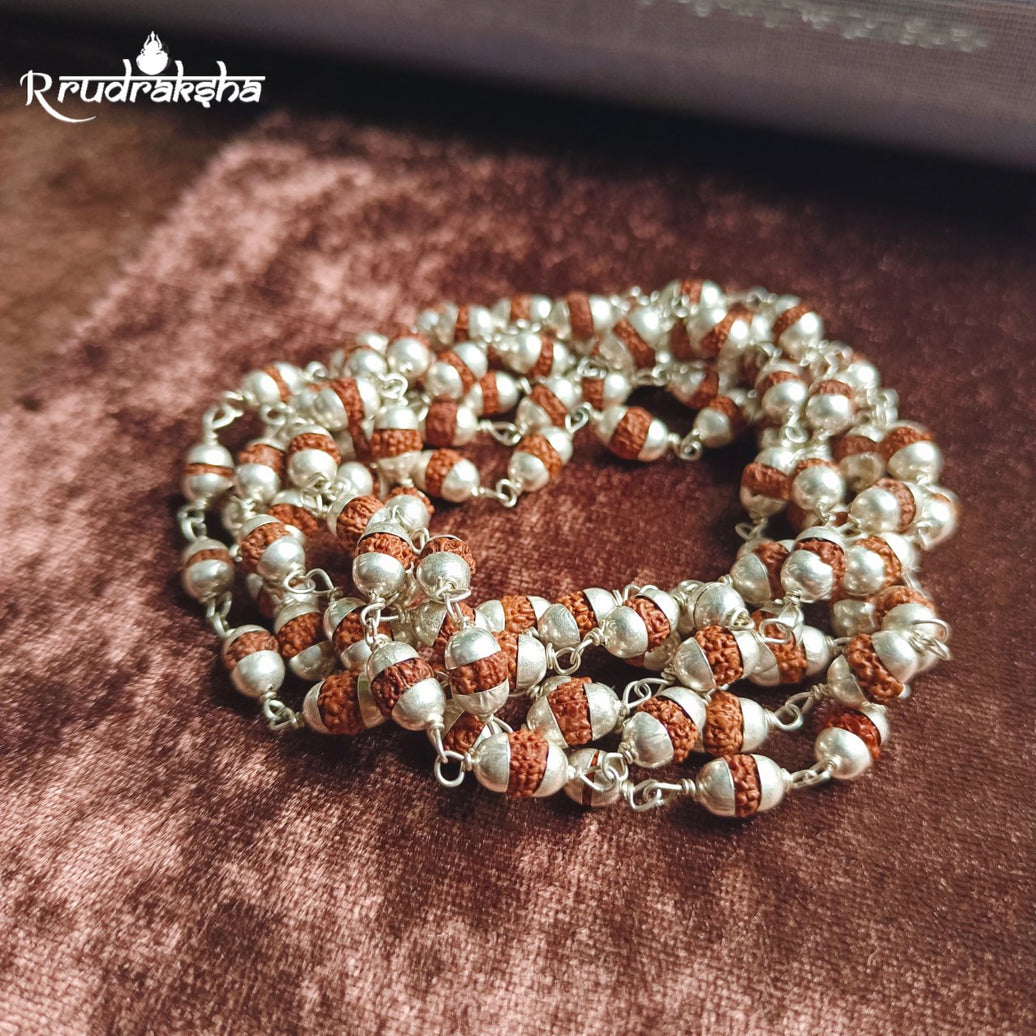 Pure Silver Punchmukhi Rudraksha Mala 108+1 Beads