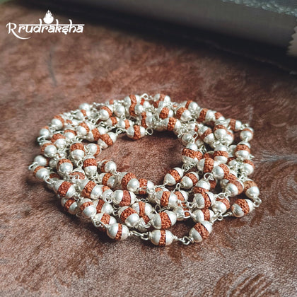 Pure Silver Punchmukhi Rudraksha Mala 108+1 Beads