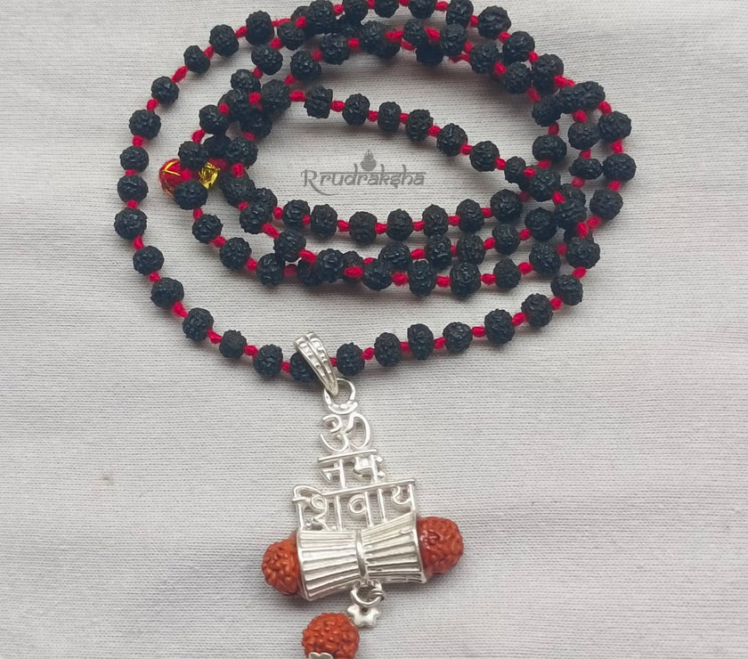 Pure Silver Om Namah Shivay Rudraksha Damru Locket String With Black Rudraksha Mala