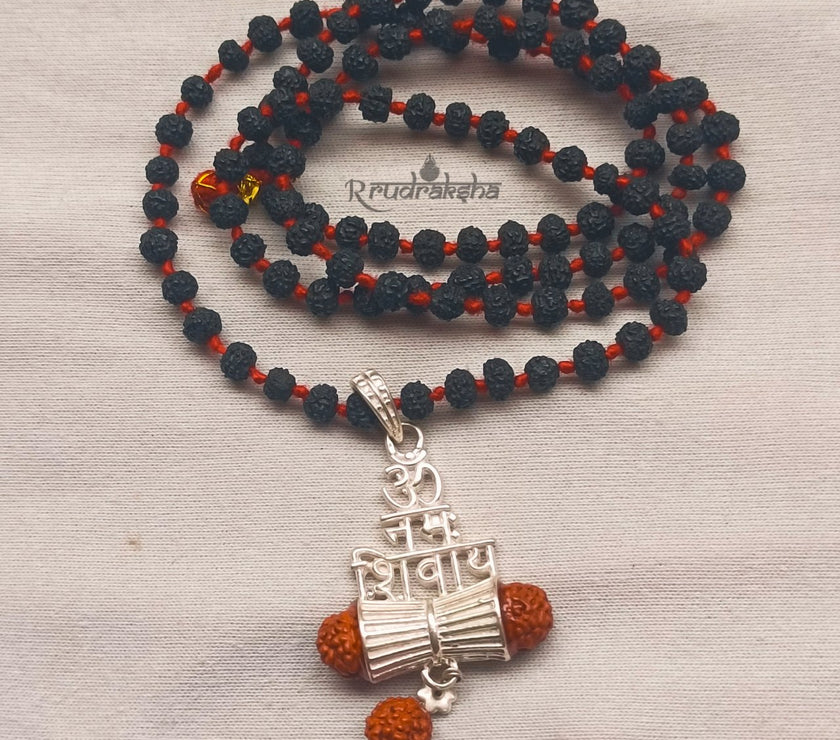 Pure Silver Om Namah Shivay Rudraksha Damru Locket String With Black Rudraksha Mala