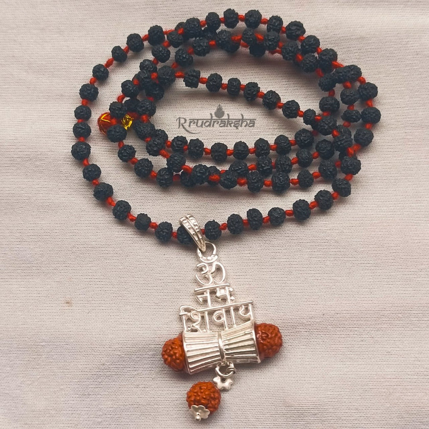 Pure Silver Om Namah Shivay Rudraksha Damru Locket String With Black Rudraksha Mala