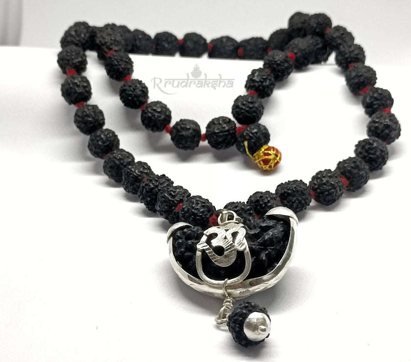 Pure Black HalfMoonShape 1 Mukhi Rudraksha Om Locket 54+1 Beads Rudraksha Mala